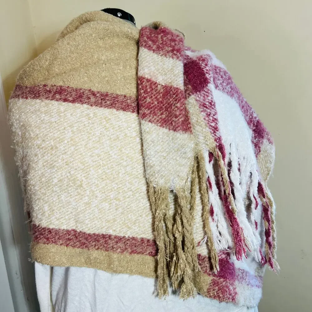 Calvin Klein Blanket Scarf Pink Cream Plaid Fringe Cabincore Cozy Gorpcore